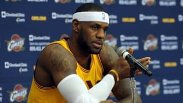 Sep 26, 2014; Cleveland, OH, USA; Cleveland Cavaliers forward LeBron James (23) talks with the media during media day at Cleveland Clinic Courts. Mandatory Credit: Ken Blaze-USA TODAY Sports