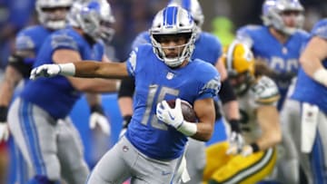 DETROIT, MI - DECEMBER 29: Golden Tate #15 of the Detroit Lions runs for yardage against the Green Bay Packers during the first half at Little Caesars Arena on December 29, 2017 in Detroit, Michigan. (Photo by Gregory Shamus/Getty Images)