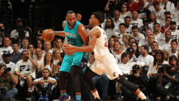 Charlotte HornetsAl Jefferson and Hassan Whiteside.Copyright Notice: Copyright 2016 NBAE (Photo by Issac Baldizon/NBAE via Getty Images)