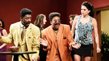 SATURDAY NIGHT LIVE -- "Idris Elba" Episode 1761 -- Pictured: (l-r) Host Idris Elba as Terry Mack, Kenan Thompson as Lionel Hodges, and Cecily Strong as Jane Sawyer during the "Gold Diggers" sketch on Saturday, March 9, 2019 -- (Photo by: Will Heath/NBC)