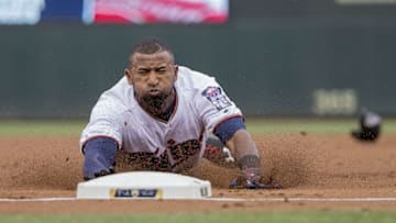 Jul 26, 2016; Minneapolis, MN, USA; Minnesota Twins shortstop Eduardo Nunez (9) slides into third base in the first inning against the Atlanta Braves at Target Field. Mandatory Credit: Jesse Johnson-USA TODAY Sports