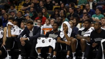 Nov 20, 2015; Boston, MA, USA; The Brooklyn Nets bench looks on as they take on the Boston Celtics during the second half at TD Garden. The Celtics defeated the Nets 120-95. Mandatory Credit: David Butler II-USA TODAY Sports