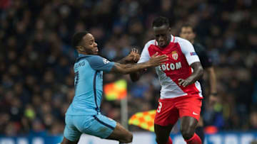 MANCHESTER, ENGLAND - FEBRUARY 21: Raheem Sterling of Manchester City and Benjamin Mendy of AS Monaco in action during the UEFA Champions League Round of 16 first leg match between Manchester City FC and AS Monaco at Etihad Stadium on February 21, 2017 in Manchester, United Kingdom. (Photo by Visionhaus