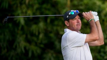 HONG KONG, HONG KONG - DECEMBER 09: Rich Beem of USA tees off during the 58th UBS Hong Kong Golf Open as part of the European Tour on 09 December 2016, at the Hong Kong Golf Club, Fanling, Hong Kong, China. (Photo by Power Sport Images/Getty Images)