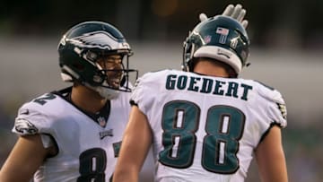 PHILADELPHIA, PA - AUGUST 09: Richard Rodgers #82 of the Philadelphia Eagles celebrates with Dallas Goedert #88 during the preseason game against the Pittsburgh Steelers at Lincoln Financial Field on August 9, 2018 in Philadelphia, Pennsylvania. (Photo by Mitchell Leff/Getty Images)