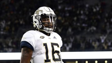 ATLANTA, GEORGIA - NOVEMBER 10: Quarterback TaQuon Marshall #16 of the Georgia Tech Yellow Jackets rushes for a touchdown against the Miami Hurricanes during the first quarter of their football game at Bobby Dodd Stadium on November 10, 2018 in Atlanta, Georgia. (Photo by Mike Comer/Getty Images)