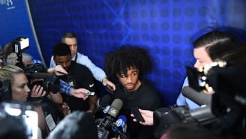 CHICAGO, ILLINOIS - MAY 16: Coby White speaks with the media during Day One of the NBA Draft Combine at Quest MultiSport Complex on May 16, 2019 in Chicago, Illinois. NOTE TO USER: User expressly acknowledges and agrees that, by downloading and or using this photograph, User is consenting to the terms and conditions of the Getty Images License Agreement. (Photo by Stacy Revere/Getty Images)