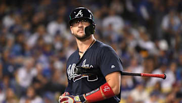 LOS ANGELES, CA - OCTOBER 04: Tyler Flowers #25 of the Atlanta Braves reacts to his seventh inning strike out against the Los Angeles Dodgers during Game One of the National League Division Series at Dodger Stadium on October 4, 2018 in Los Angeles, California. (Photo by Harry How/Getty Images)