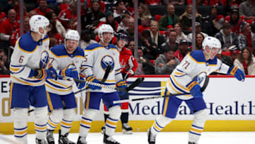 WASHINGTON, DC - NOVEMBER 22: Casey Mittelstadt #37 of the Buffalo Sabres celebrates a first period goal against the Washington Capitals at Capital One Arena on November 22, 2023 in Washington, DC. (Photo by Rob Carr/Getty Images)