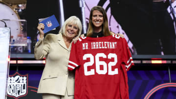 LAS VEGAS, NV - APRIL 30: Brock Purdy is presented as “Mr. Irrelevant” as he is selected by the San Francisco 49ers for the final pick of the 2022 NFL Draft on April 30, 2022 in Las Vegas, Nevada. (Photo by Kevin Sabitus/Getty Images)