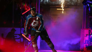 DENVER, CO - OCTOBER 11: Erik Johnson #6 of the Colorado Avalanche is introuduced prior to the game against the Boston Bruins at the Pepsi Center on October 11, 2017 in Denver, Colorado. The Avalanche defeated the Bruins 6-3. (Photo by Michael Martin/NHLI via Getty Images)