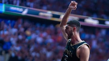 MALAGA, SPAIN - 2023/08/11: Santi Aldama celebrates during the Spain and Slovenia friendly match of basketball previous to FIBA World Cup 2023 at Palacio de los Deportes Martin Carpena. Final Score: Spain 99-79 Slovenia. (Photo by Francis Gonzalez/SOPA Images/LightRocket via Getty Images)