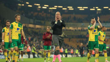 NORWICH, ENGLAND - MAY 11: John Ruddy of Norwich City applauds supporters following relegation during the Barclays Premier League match between Norwich City and Watford at Carrow Road on May 11, 2016 in Norwich, England. (Photo by Stephen Pond/Getty Images)