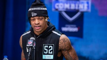 INDIANAPOLIS, IN - FEBRUARY 28: Xavier McKinney #DB52 of the Alabama Crimson Tide speaks to the media on day four of the NFL Combine at Lucas Oil Stadium on February 28, 2020 in Indianapolis, Indiana. (Photo by Michael Hickey/Getty Images)