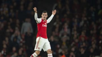 LONDON, ENGLAND - OCTOBER 27: Granit Xhaka of Arsenal reacts to the crowd after being substituted by Manager Unai Emery during the Premier League match between Arsenal FC and Crystal Palace at Emirates Stadium on October 27, 2019 in London, United Kingdom. (Photo by Visionhaus)
