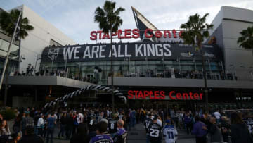 Apr 22, 2016; Los Angeles, CA, USA; General view of the Staples Center before game five of the first round of the 2016 Stanley Cup Playoffs between the Los Angeles Kings and the San Jose Sharks. Mandatory Credit: Kirby Lee-USA TODAY Sports