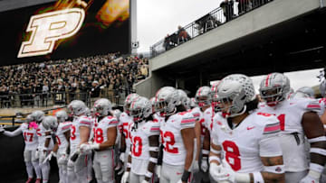 Oct. 14, 2023; Lafayette, In., USA;The Ohio State Buckeyes prepare to take the field at Ross-Ade Stadium in Lafayette for Saturday's NCAA Division I football game against the Purdue Boilermakers.