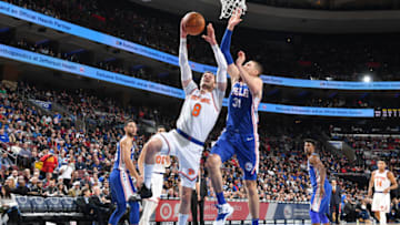 PHILADELPHIA, PA - NOVEMBER 28: Mario Hezonja #8 of the New York Knicks shoots the ball against the Philadelphia 76ers on November 28, 2018 at the Wells Fargo Center in Philadelphia, Pennsylvania NOTE TO USER: User expressly acknowledges and agrees that, by downloading and/or using this Photograph, user is consenting to the terms and conditions of the Getty Images License Agreement. Mandatory Copyright Notice: Copyright 2018 NBAE (Photo by Jesse D. Garrabrant/NBAE via Getty Images)