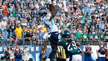 NASHVILLE, TN - SEPTEMBER 30: Corey Davis #84 of the Tennessee Titans catches a game-winning pass in the end zone while defended by Avonte Maddox #29 of the Philadelphia Eagles in overtime at Nissan Stadium on September 30, 2018 in Nashville, Tennessee. (Photo by Frederick Breedon/Getty Images)