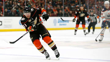 ANAHEIM, CALIFORNIA - JANUARY 06: Daniel Sprong #11 of the Anaheim Ducks passes the puck against the Edmonton Oilers at Honda Center on January 06, 2019 in Anaheim, California. (Photo by Katharine Lotze/Getty Images)