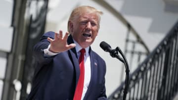WASHINGTON, DC - JULY 15: U.S. President Donald Trump takes questions from reporters during his 'Made In America' product showcase at the White House July 15, 2019 in Washington, DC. Trump talked with American business owners during the 3rd annual showcase, one day after Tweeting that four Democratic congresswomen of color should “go back” to their own countries. (Photo by Chip Somodevilla/Getty Images)