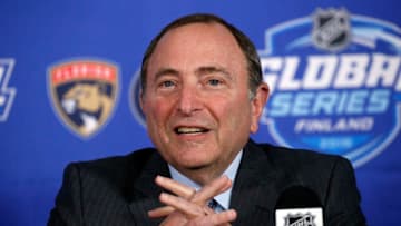 HELSINKI, FIN - NOVEMBER 1: National Hockey League Commissioner Gary Bettman chats with the media during a press conference prior to the Winnipeg Jets playing the Florida Panthers in the 2018 NHL Global Series at the Hartwall Arena on November 1, 2018 in Helsinki, Finland. (Photo by Eliot J. Schechter/NHLI via Getty Images)