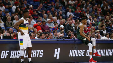 NEW ORLEANS, LOUISIANA - FEBRUARY 04: Giannis Antetokounmpo #34 of the Milwaukee Bucks ands Zion Williamson #1 of the New Orleans Pelicans (Photo by Jonathan Bachman/Getty Images)