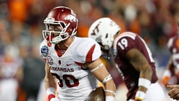 Dec 29, 2016; Charlotte, NC, USA; Arkansas Razorbacks wide receiver Drew Morgan (80) reacts after a big play in the first quarter against the Virginia Tech Hokies during the Belk Bowl at Bank of America Stadium. Mandatory Credit: Jeremy Brevard-USA TODAY Sports