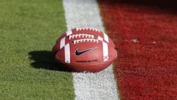 Oct 20, 2012; Norman, OK, USA; A general view of Nike footballs on the goal line prior to the game with the Oklahoma Sooners playing against the Kansas Jayhawks at Oklahoma Memorial Stadium. Mandatory Credit: Matthew Emmons-USA TODAY Sports