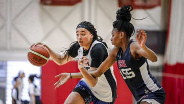 COLORADO SPRINGS, CO - MAY 25: Haley Jones #85 of Santa Cruz, Calif. drives to the hoop in front of Sahara Jones #155 of San Antonio, Texas as they participate in tryouts for the 2018 USA Basketball Women's U17 World Cup Team at the United States Olympic Training Center in Colorado Springs, Colorado. Finalists for the team will be announced on May 28 and will remain in Colorado Springs for training camp through May 30. (Photo by Marc Piscotty/Icon Sportswire via Getty Images)