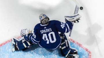 TORONTO, ON - NOVEMBER 6: Garret Sparks #40 of the Toronto Maple Leafs during warm up before a game against the Vegas Golden Knights at the Scotiabank Arena on November 6, 2018 in Toronto, Ontario, Canada. (Photo by Kevin Sousa/NHLI via Getty Images)