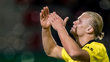 Erling Haaland celebrates his goal. (Photo by Alexander Scheuber/Getty Images)
