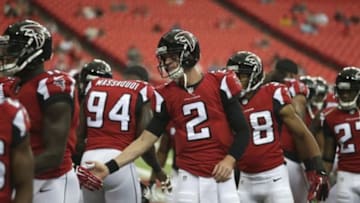 Aug 23, 2014; Atlanta, GA, USA; Atlanta Falcons quarterback Matt Ryan (2) greets teammates before the start of their game against the Tennessee Titans at the Georgia Dome. Mandatory Credit: Jason Getz-USA TODAY Sports