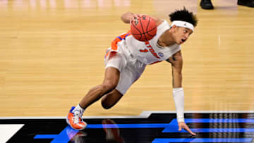 OKC Thunder NBA draft prospect series: Florida Gators guard Tre Mann (1) controls the ball against the Virginia Tech Hokies : Marc Lebryk-USA TODAY Sports