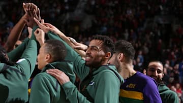PORTLAND, OR - DECEMBER 21: Thabo Sefolosha #22 of the Utah Jazz huddles up with the team against the Portland Trail Blazers on December 21 , 2018 at the Moda Center Arena in Portland, Oregon. NOTE TO USER: User expressly acknowledges and agrees that, by downloading and or using this photograph, user is consenting to the terms and conditions of the Getty Images License Agreement. Mandatory Copyright Notice: Copyright 2018 NBAE (Photo by Sam Forencich/NBAE via Getty Images)