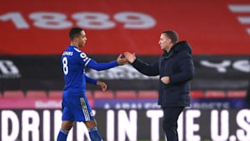 Brendan Rodgers (R) of Leicester City with Youri Tielemans (Photo by Laurence Griffiths/Getty Images)