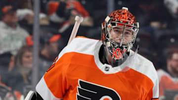 PHILADELPHIA, PA - JANUARY 08: Carter Hart #79 of the Philadelphia Flyers warms up against the Washington Capitals on January 8, 2020 at the Wells Fargo Center in Philadelphia, Pennsylvania. (Photo by Len Redkoles/NHLI via Getty Images)