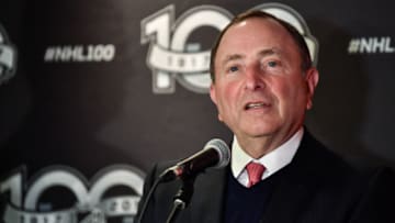 MONTREAL, QC - NOVEMBER 17: NHL commissioner Gary Bettman addresses the media at the Chamber of Commerce of Metropolitan Montreal Luncheon during the NHL Centennial 100 Celebration at Hotel Bonaventure on November 17, 2017 in Montreal, Quebec, Canada. (Photo by Minas Panagiotakis/NHLI via Getty Images)
