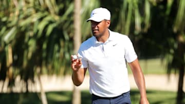PLAYA DEL CARMEN, MEXICO - DECEMBER 05: Tony Finau of the United States reacts on the eighth green during the third round of the Mayakoba Golf Classic at El Camaleón Golf Club on December 05, 2020 in Playa del Carmen, Mexico. (Photo by Hector Vivas/Getty Images)