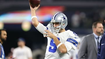 Dec 18, 2016; Arlington, TX, USA; Dallas Cowboys quarterback Tony Romo (9) throws prior to the game against the Tampa Bay Buccaneers at AT&T Stadium. Mandatory Credit: Matthew Emmons-USA TODAY Sports
