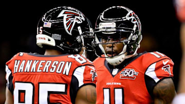 Oct 15, 2015; New Orleans, LA, USA; Atlanta Falcons wide receiver Julio Jones (11) and wide receiver Leonard Hankerson (85) before a game against the New Orleans Saints at the Mercedes-Benz Superdome. Mandatory Credit: Derick E. Hingle-USA TODAY Sports