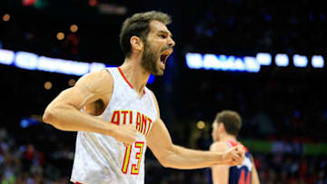 ATLANTA, GA - APRIL 24: Jose Calderon #13 of the Atlanta Hawks reacts to a play during the second quarter against the Washington Wizards in Game Four of the Eastern Conference Quarterfinals during the 2017 NBA Playoffs at Philips Arena on April 24, 2017 in Atlanta, Georgia. NOTE TO USER: User expressly acknowledges and agrees that, by downloading and or using the photograph, User is consenting to the terms and conditions of the Getty Images License Agreement. (Photo by Daniel Shirey/Getty Images)