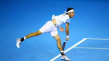 GLASGOW, SCOTLAND - SEPTEMBER 18: Leonardo Mayer of Argentina serves during his singles match against Dan Evans of Great Britain during day three of the Davis Cup semi final between Great Britain and Argentina at Emirates Arena on September 18, 2016 in Glasgow, Scotland. (Photo by Clive Brunskill/Getty Images)
