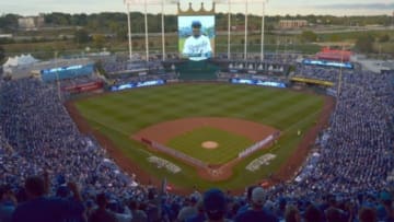 Oct 5, 2014; Kansas City, MO, USA; A general view of the stadium as lineups are announced before game three of the 2014 ALDS baseball playoff game between the Kansas City Royals and Los Angeles Angels at Kauffman Stadium. Mandatory Credit: Denny Medley-USA TODAY Sports
