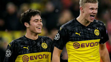 DORTMUND, GERMANY - FEBRUARY 18: (L-R) Giovanni Reyna of Borussia Dortmund, Erling Braut Haaland of Borussia Dortmund during the UEFA Champions League match between Borussia Dortmund v Paris Saint Germain at the Signal Iduna Park on February 18, 2020 in Dortmund Germany (Photo by Erwin Spek/Soccrates/Getty Images)