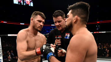 SHANGHAI, CHINA - NOVEMBER 25: (L-R) Opponents Michael Bisping of England and Kelvin Gastelum face offprior to their middleweight bout during the UFC Fight Night event inside the Mercedes-Benz Arena on November 25, 2017 in Shanghai, China. (Photo by Brandon Magnus/Zuffa LLC via Getty Images)