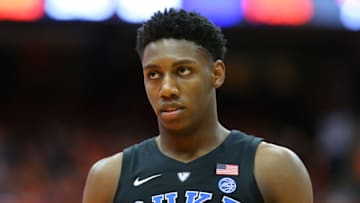 SYRACUSE, NY - FEBRUARY 23: RJ Barrett #5 of the Duke Blue Devils looks on against the Syracuse Orange during the second half at the Carrier Dome on February 23, 2019 in Syracuse, New York. Duke defeated Syracuse 75-65. (Photo by Rich Barnes/Getty Images)