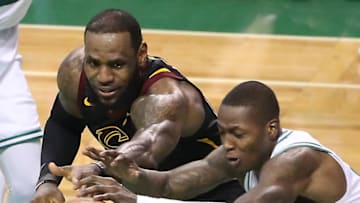 BOSTON, MA - MAY 23: Boston Celtics Terry Rozier steals the ball from Cleveland Cavaliers LeBron James during fourth quarter action. The Boston Celtics hosted the Cleveland Cavaliers for Game Five of their NBA Eastern Conference Finals playoff series at TD Garden in Boston on May 23, 2018. (Photo by Matthew J. Lee/The Boston Globe via Getty Images)