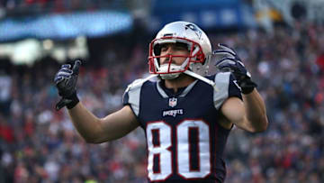 FOXBOROUGH, MA - JANUARY 21: Danny Amendola #80 of the New England Patriots reacts before the AFC Championship Game against the Jacksonville Jaguars at Gillette Stadium on January 21, 2018 in Foxborough, Massachusetts. (Photo by Jim Rogash/Getty Images)