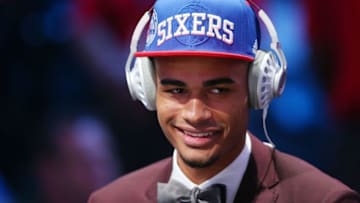 Jun 23, 2016; New York, NY, USA; Timothe Luwawu-Cabarrot is interviewed after being selected as the number twenty-four overall pick to the Philadelphia 76ers in the first round of the 2016 NBA Draft at Barclays Center. Mandatory Credit: Brad Penner-USA TODAY Sports